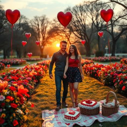 A romantic scene depicting a couple celebrating Valentine’s Day, holding hands while walking through a charming park filled with colorful flowers and heart-shaped balloons