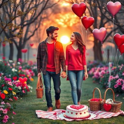 A romantic scene depicting a couple celebrating Valentine’s Day, holding hands while walking through a charming park filled with colorful flowers and heart-shaped balloons