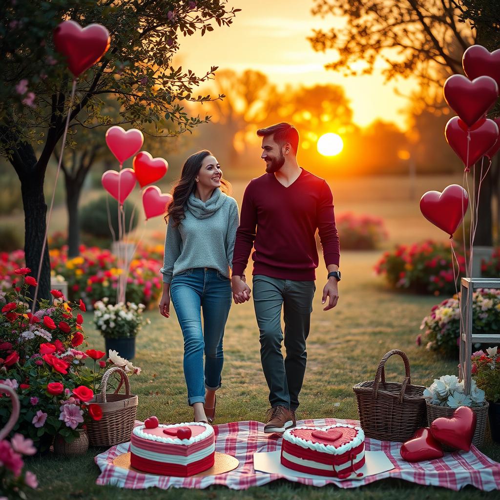 A romantic scene depicting a couple celebrating Valentine’s Day, holding hands while walking through a charming park filled with colorful flowers and heart-shaped balloons