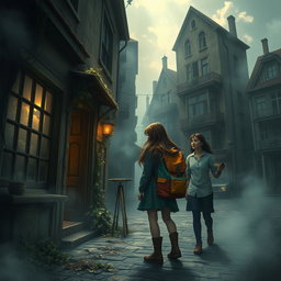 A captivating scene depicting Anna, a curious and adventurous 14-year-old girl, exploring a hauntingly beautiful ghost city with her worried parents