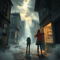 A captivating scene depicting Anna, a curious and adventurous 14-year-old girl, exploring a hauntingly beautiful ghost city with her worried parents