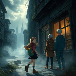 A captivating scene depicting Anna, a curious and adventurous 14-year-old girl, exploring a hauntingly beautiful ghost city with her worried parents