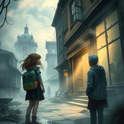 A captivating scene depicting Anna, a curious and adventurous 14-year-old girl, exploring a hauntingly beautiful ghost city with her worried parents