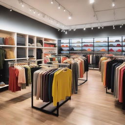 A bustling clothing store filled with stylish and colorful apparel arranged on racks and shelves under efficient lighting.