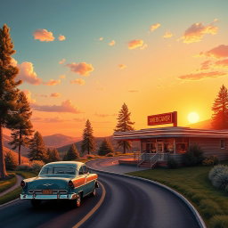 A stunningly detailed vertical poster design depicting a vibrant American landscape during the golden hour