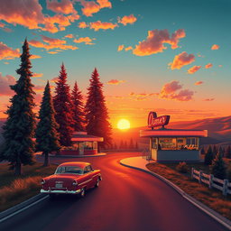 A stunningly detailed vertical poster design depicting a vibrant American landscape during the golden hour