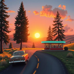 A stunningly detailed vertical poster design depicting a vibrant American landscape during the golden hour