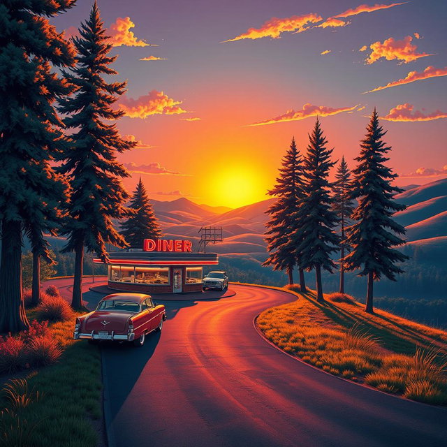 A stunningly detailed vertical poster design depicting a vibrant American landscape during the golden hour