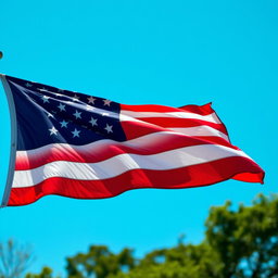 A striking vertical photograph of the American flag, proudly waving in the wind against a clear blue sky