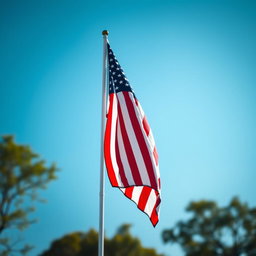 A striking vertical photograph of the American flag, proudly waving in the wind against a clear blue sky