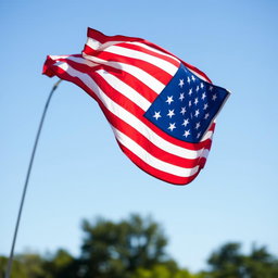 A striking vertical photograph of the American flag, proudly waving in the wind against a clear blue sky