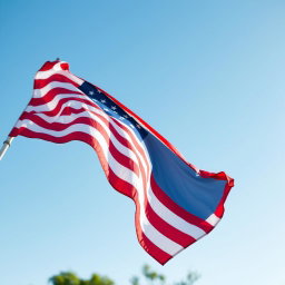 A striking vertical photograph of the American flag, proudly waving in the wind against a clear blue sky