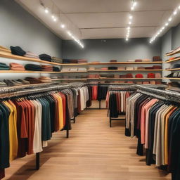 A bustling clothing store filled with stylish and colorful apparel arranged on racks and shelves under efficient lighting.