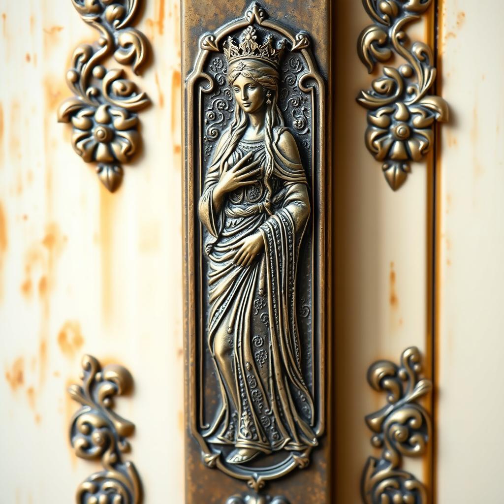 A tall door handle featuring an intricate engraving or design of a woman resembling the attributes of the Persian queen from the era of Cyrus the Great, adorned in traditional Persian clothing with ornate patterns