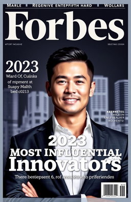 A Forbes magazine cover featuring a confident, professional individual exuding charisma and success