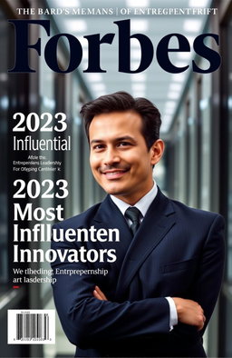 A Forbes magazine cover featuring a confident, professional individual exuding charisma and success