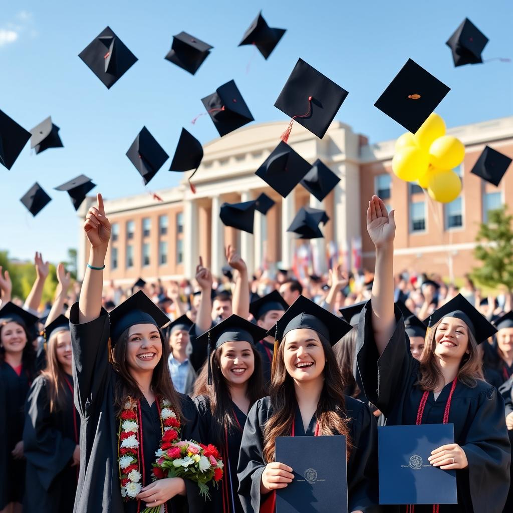 A vibrant and joyful university graduation ceremony taking place outdoors