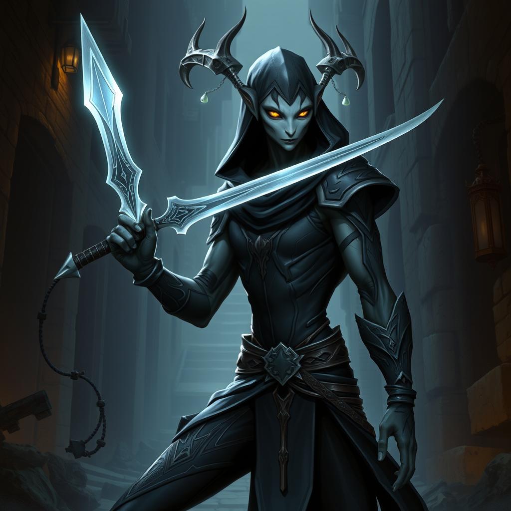 A male Githzerai rogue, characterized by their unique features with elongated limbs, light grey skin, and sharp facial features