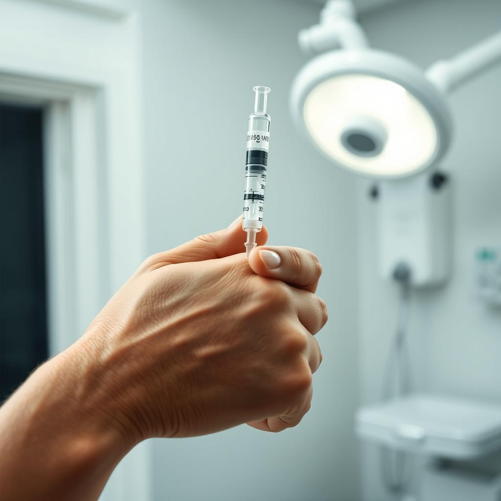 A close-up shot of a person with a focused expression, preparing to take an injection in a clinical setting