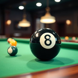 A highly detailed close-up image of a black 8 ball, prominently displayed on a finely polished billiards table