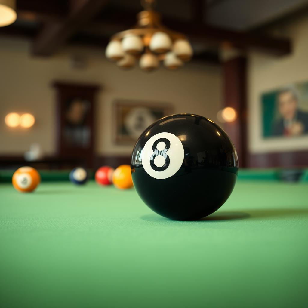 A highly detailed close-up image of a black 8 ball, prominently displayed on a finely polished billiards table