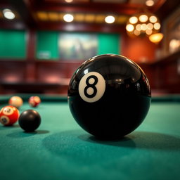 A highly detailed close-up image of a black 8 ball, prominently displayed on a finely polished billiards table