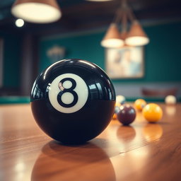 A highly detailed close-up image of a black 8 ball, prominently displayed on a finely polished billiards table
