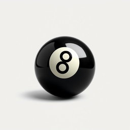 A detailed and striking depiction of a black 8 ball, with its shiny surface prominently featured against a clean, neutral background