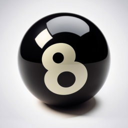 A detailed and striking depiction of a black 8 ball, with its shiny surface prominently featured against a clean, neutral background