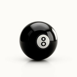 A detailed and striking depiction of a black 8 ball, with its shiny surface prominently featured against a clean, neutral background