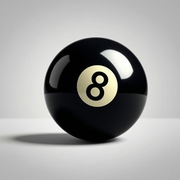 A detailed and striking depiction of a black 8 ball, with its shiny surface prominently featured against a clean, neutral background