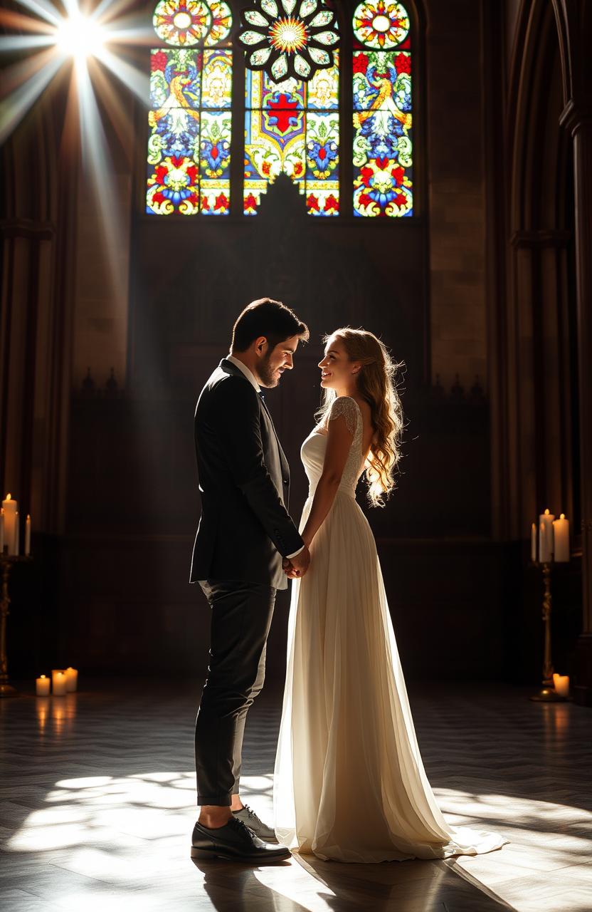 A romantic scene depicting a couple embracing under a beautiful, ornate stained-glass window in a historic cathedral, the sunlight streaming through the colorful glass casting vibrant patterns on the floor