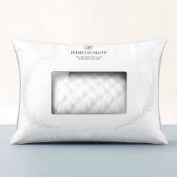 A luxurious premium pillow packaging design, featuring a high-end aesthetic that highlights the pillow filled with goose down feathers
