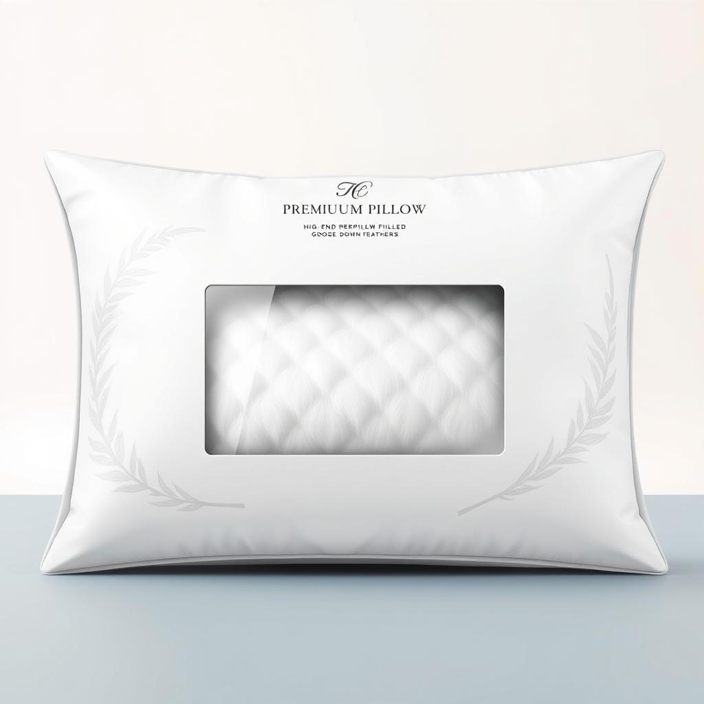 A luxurious premium pillow packaging design, featuring a high-end aesthetic that highlights the pillow filled with goose down feathers