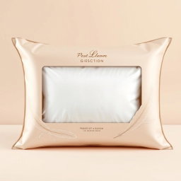 A luxurious premium pillow packaging design, featuring a high-end aesthetic that highlights the pillow filled with goose down feathers