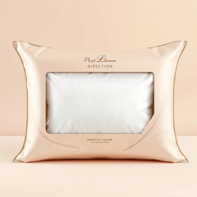 A luxurious premium pillow packaging design, featuring a high-end aesthetic that highlights the pillow filled with goose down feathers