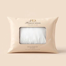 A luxurious premium pillow packaging design, featuring a high-end aesthetic that highlights the pillow filled with goose down feathers