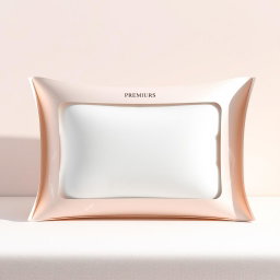 A luxurious premium pillow packaging design, featuring a high-end aesthetic that highlights the pillow filled with goose down feathers