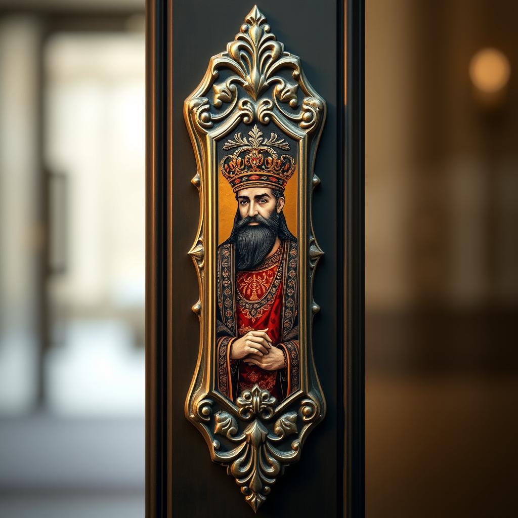 A tall door handle adorned with an intricate design featuring the image of an Iranian king