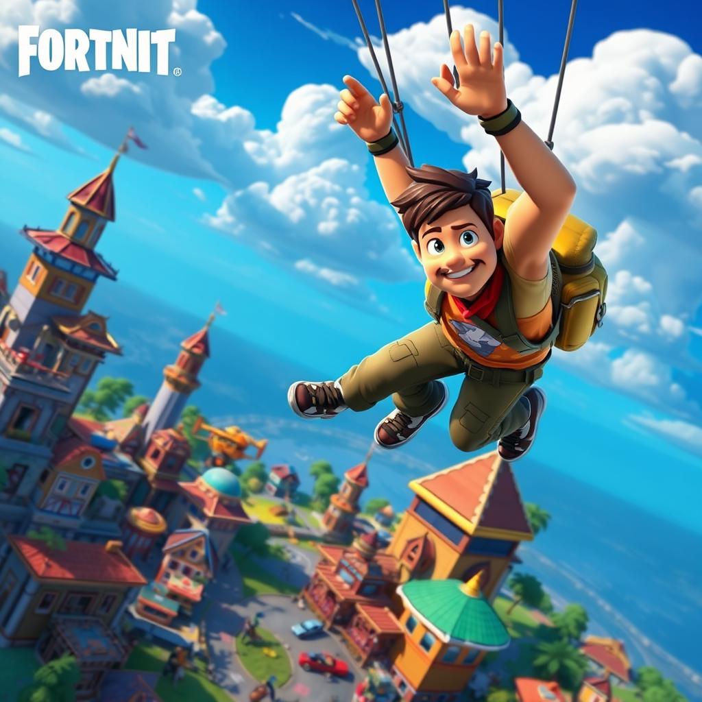 A dynamic scene depicting the Fortnite character Jonesy gliding down into Tilted Towers, surrounded by a vibrant blue sky with fluffy clouds
