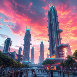 A stunning, futuristic urban landscape featuring the iconic Tilted Towers, a series of vibrant, tall buildings with an array of colors and lights