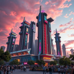 A stunning, futuristic urban landscape featuring the iconic Tilted Towers, a series of vibrant, tall buildings with an array of colors and lights