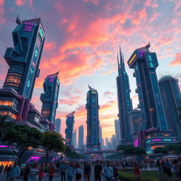 A stunning, futuristic urban landscape featuring the iconic Tilted Towers, a series of vibrant, tall buildings with an array of colors and lights