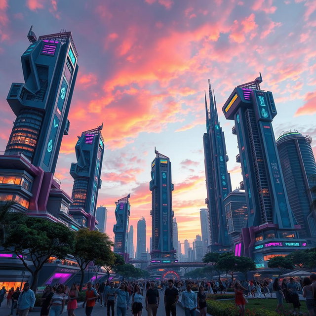 A stunning, futuristic urban landscape featuring the iconic Tilted Towers, a series of vibrant, tall buildings with an array of colors and lights