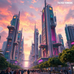 A stunning, futuristic urban landscape featuring the iconic Tilted Towers, a series of vibrant, tall buildings with an array of colors and lights