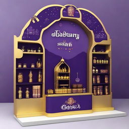 Design a Cadbury display stand inspired by Ramadan with dimensions 240x160x150 cm. Incorporate Islamic shapes, glass materials, soft lighting, and shelves adorned with Ramadan lanterns, creating a captivating haven for chocolate enthusiasts.