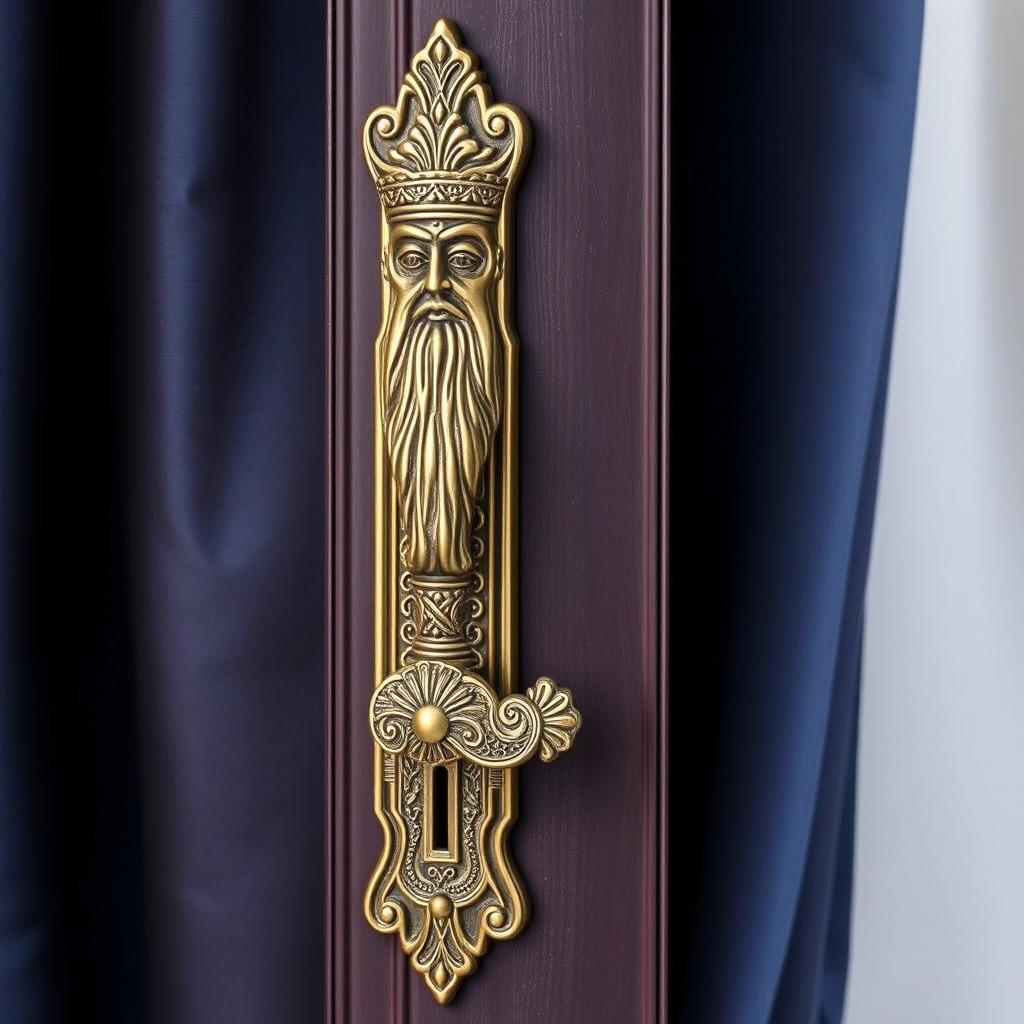 A tall door handle designed in the shape of a Persian king, showcasing intricate patterns and detailed craftsmanship
