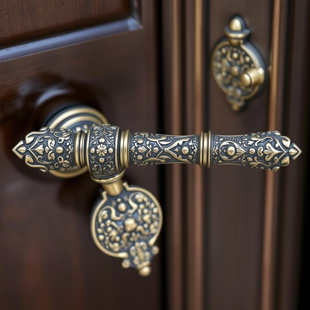 A beautifully crafted door handle made from long metal rods, featuring intricate designs resembling the motifs of an ancient Persian king