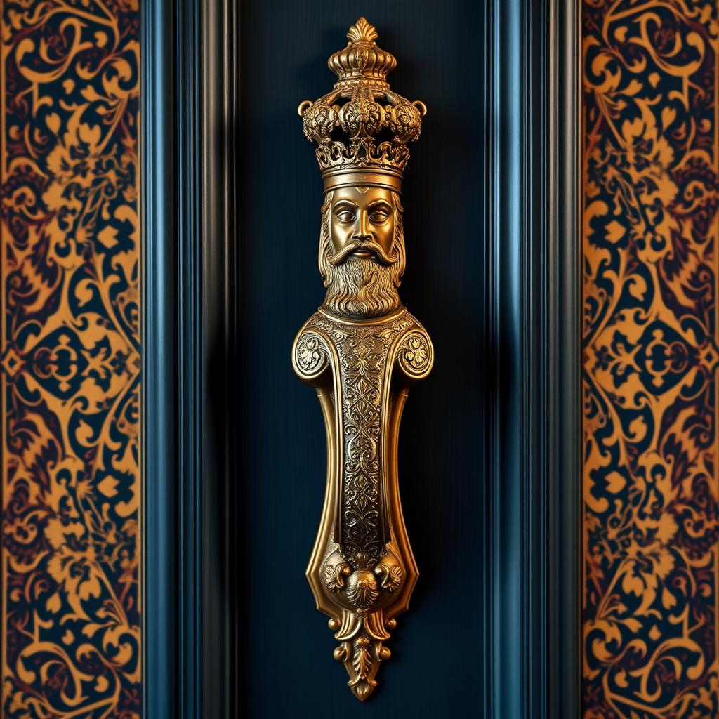 A tall, elegant door handle designed in the shape of an ancient Persian king