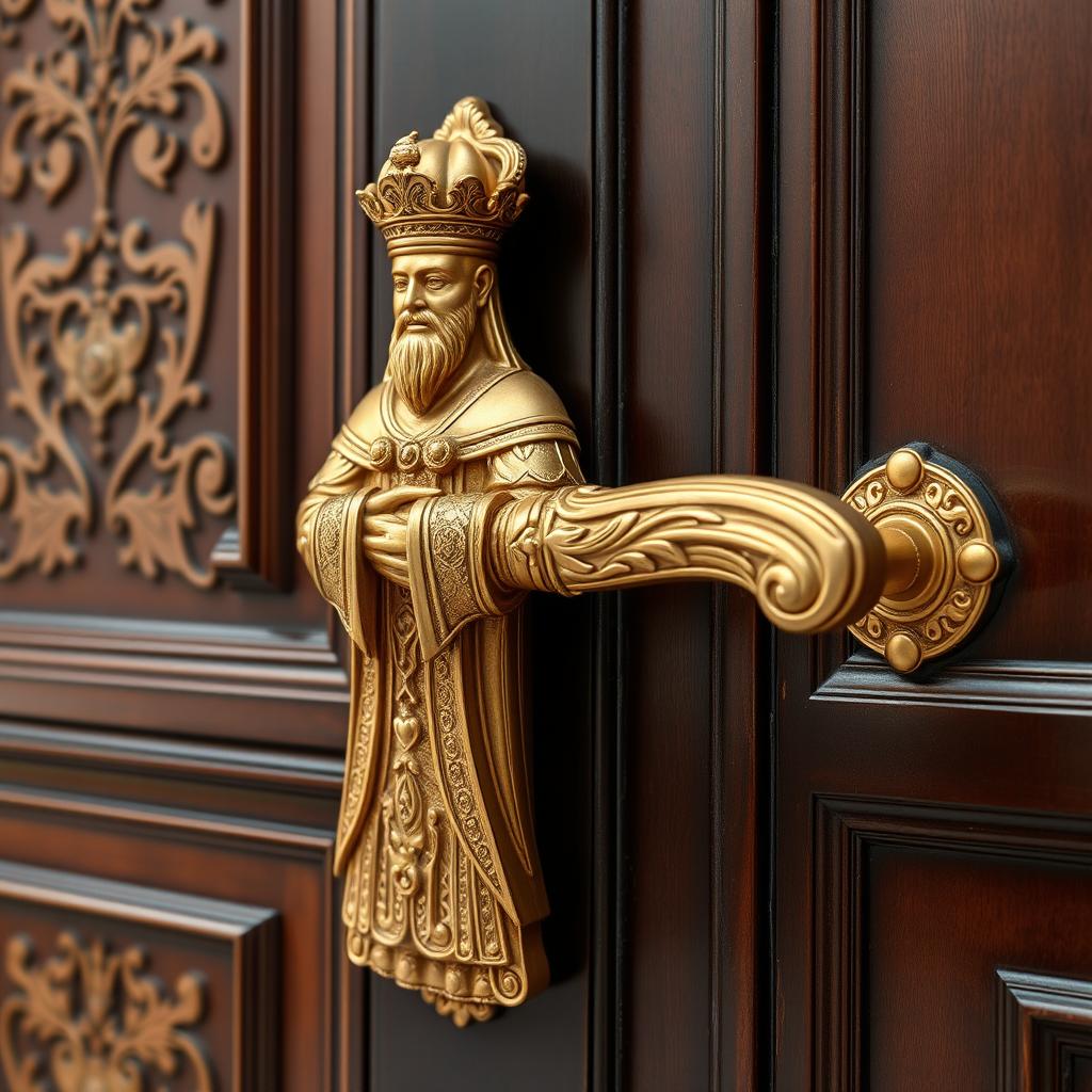 A tall, elegant door handle shaped like a standing figure representing the King of Iran, intricately designed with traditional Persian motifs